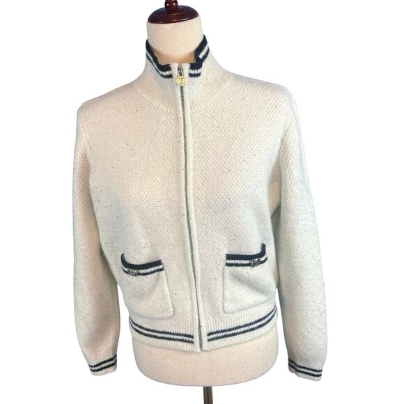 Maje Zip Up Contrast Black Stripe Cardigan Sparkle Wool Blend White Large - Picture 7 of 15